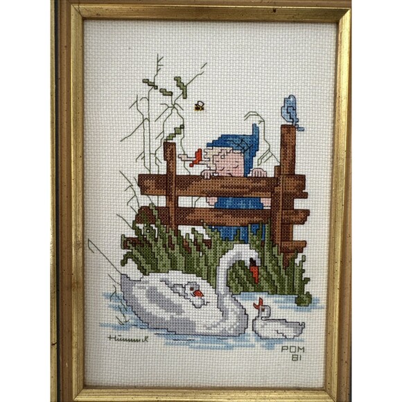 Vintage Finished Girl Hummel Swans Wall Decor Art Framed 7.5”x10.5” Handmade - Picture 2 of 6